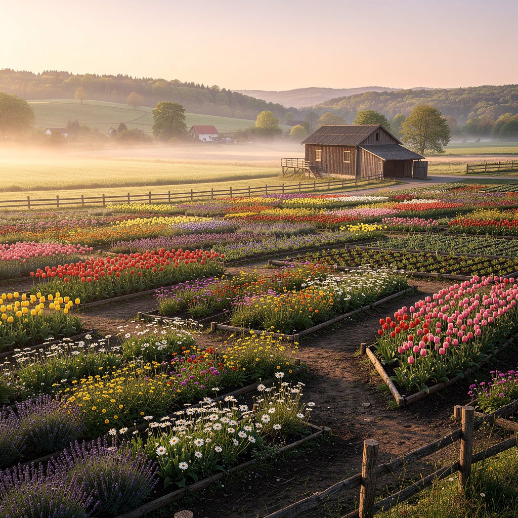 Beautiful flower farm with colorful flower beds in the countryside, soft morning light, natural and organic feel, wide landscape shot