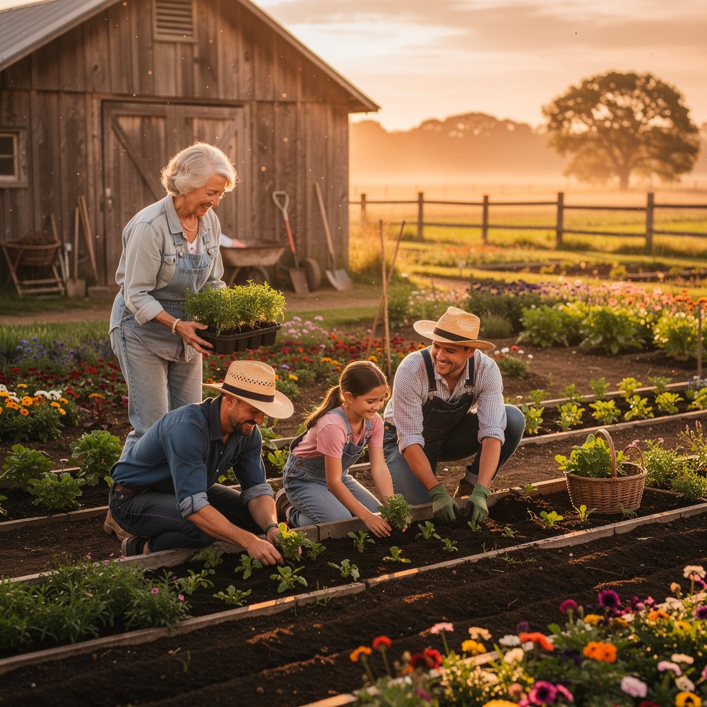 A family working together on a flower farm, planting seedlings, smiling, rustic and warm atmosphere, sunset light