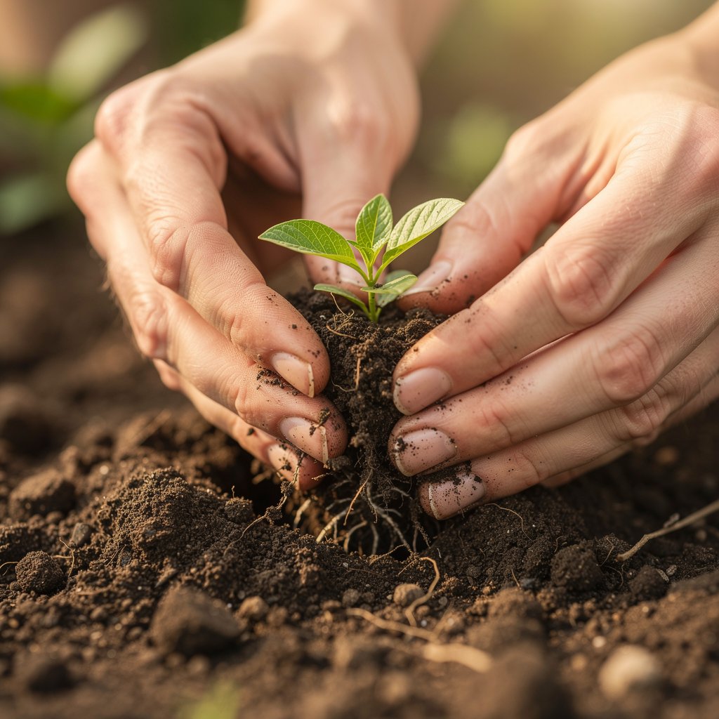 Close up of hands planting a small green seedling into rich dark soil, macro shot, blurred background, natural light